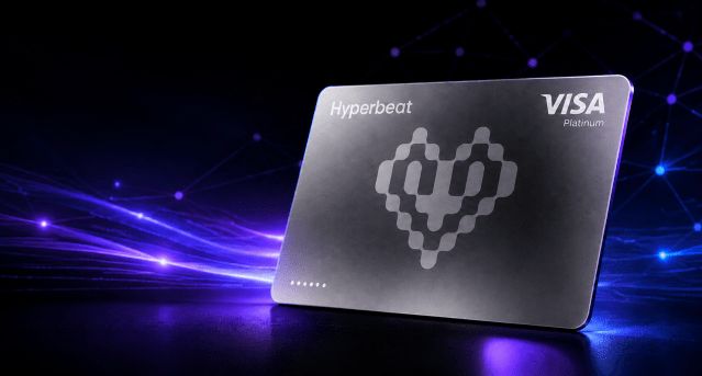 Hyperbeat Pay Visa Platinum card on a dark purple blockchain network background