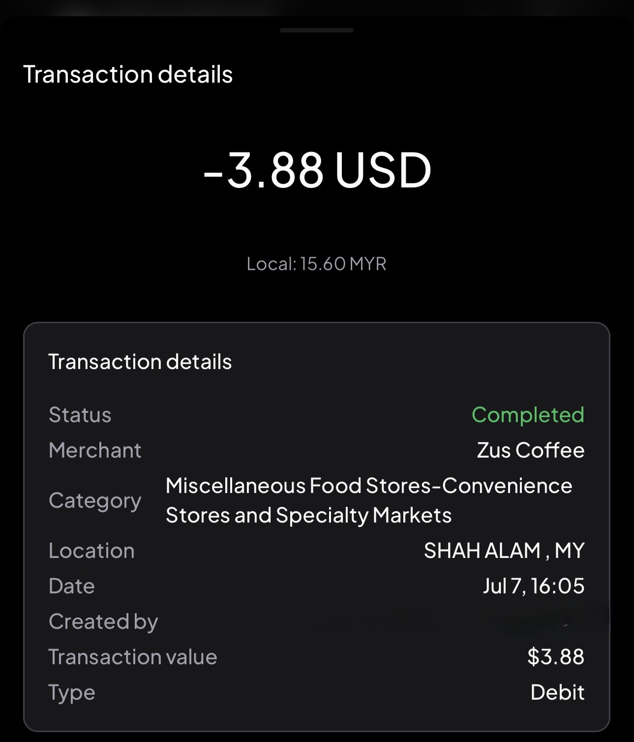 Hyperbeat PayでZUS Coffeeの15.60 MYRを支払い、3.88 USDで決済が完了した取引画面