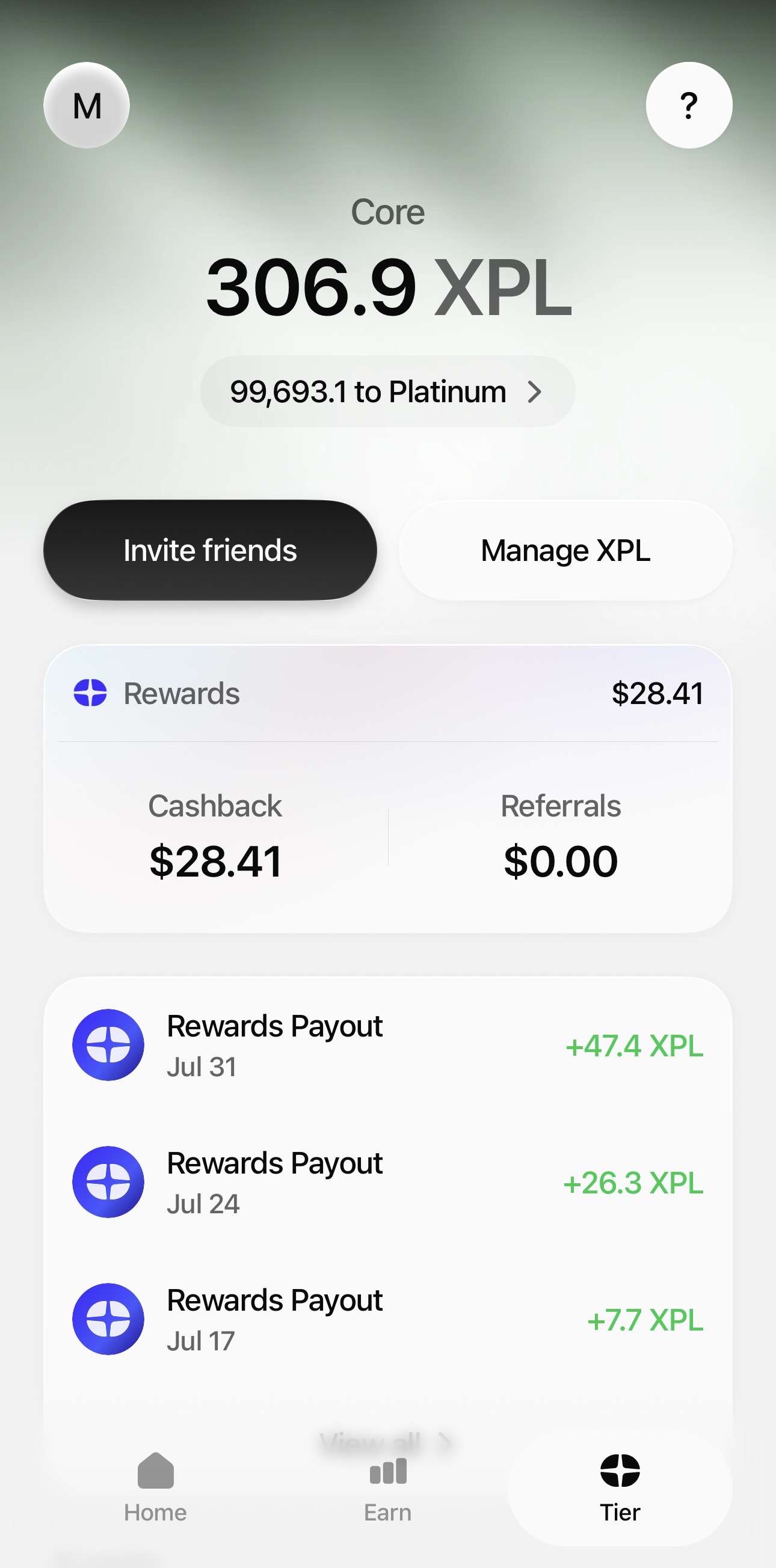 Plasma One Coreで受け取ったXPLキャッシュバックとRewards画面